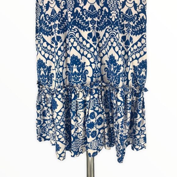 Milly Blue & White Floral Sleeveless V Neck Ruffle Trim Tiered Dress size 4 - Picture 4 of 11